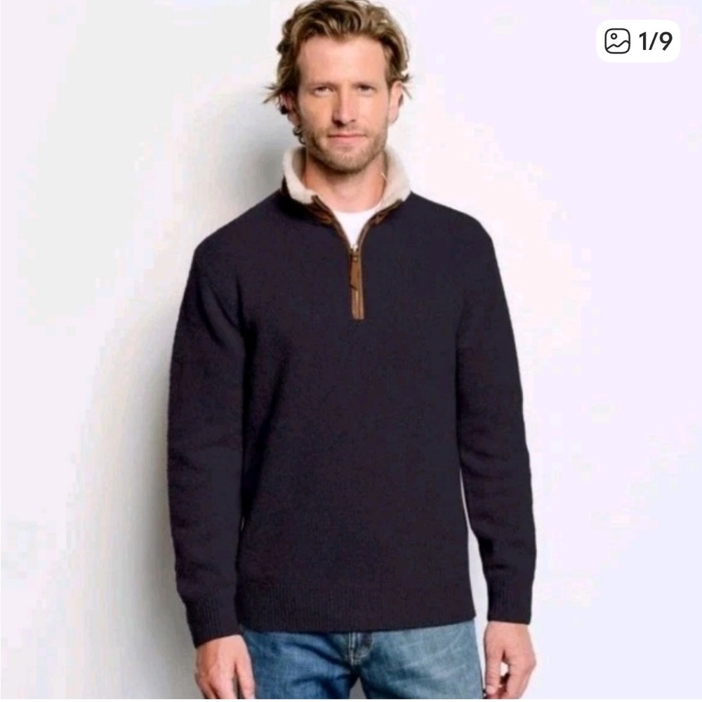 ORVIS Stowe 1/4 Zip Sweater Mens Size L Lambswool Sherpa & Faux Leather Collar‎